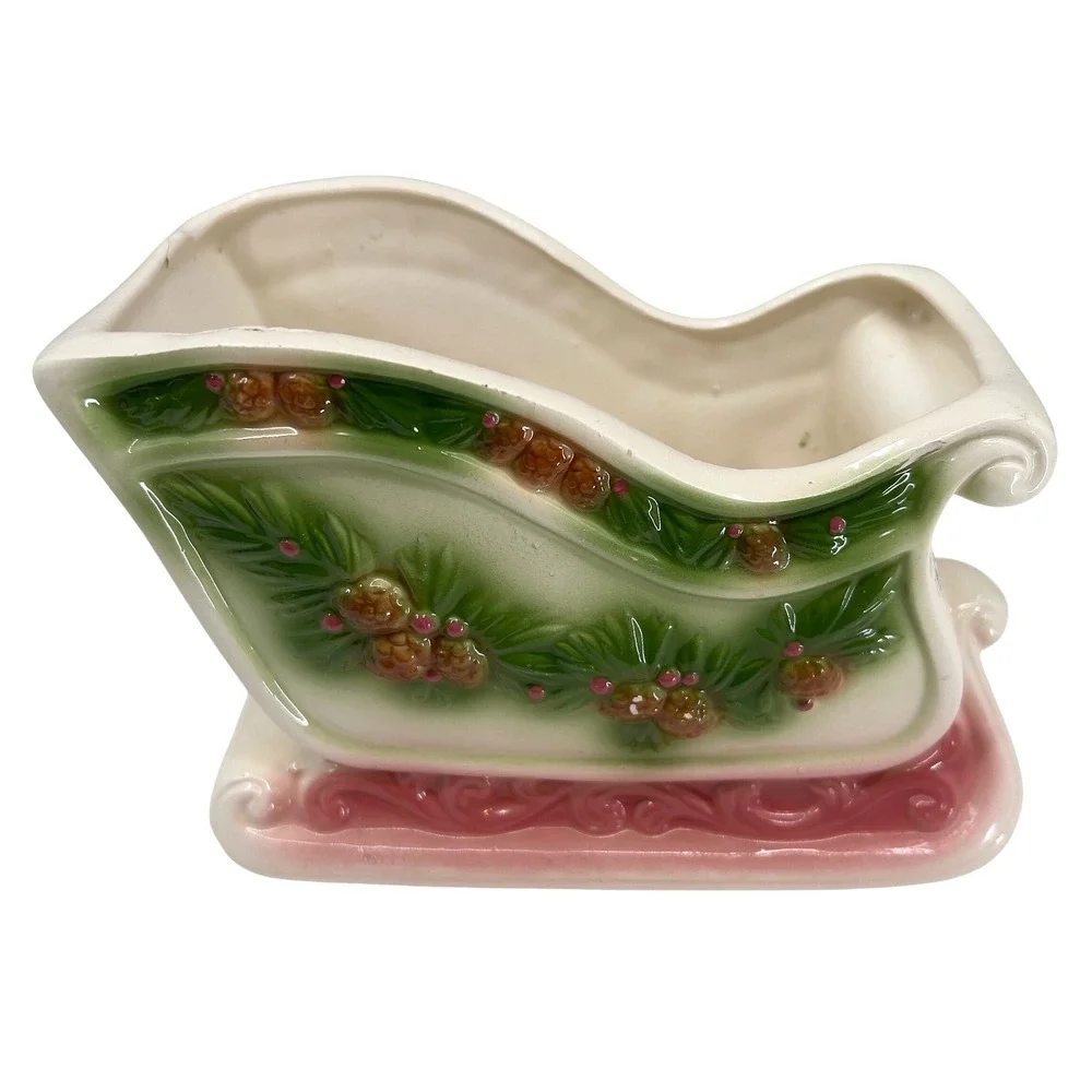 vintage Napcoware Ceramic Christmas Sleigh Planter Vase Holder Pine Cone Holiday